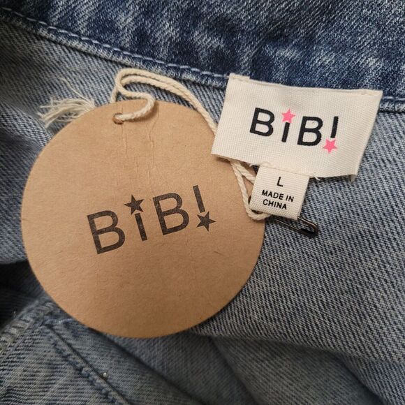 BiBi Jacket Womens Large Blue Denim Trucker Pearls Distressed Button Down NEW - Picture 5 of 7